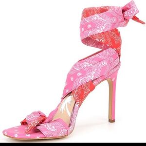 Gianni Bini Misch bandana color block ankle wrap bow sandals fiery red